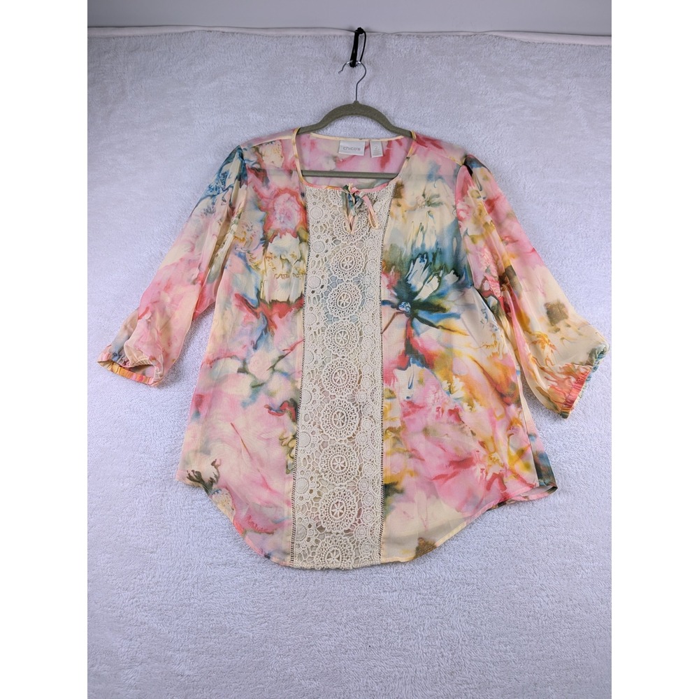 Chico's Floral Watercolor Crochet Lace Blouse Pink Yellow Size 2 Large
